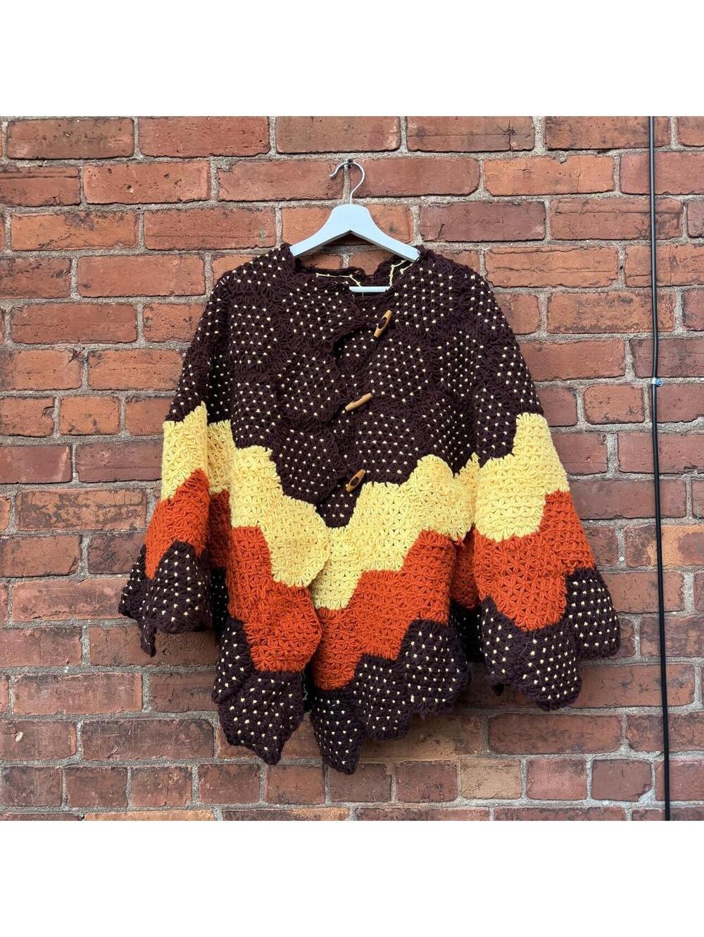 vintage hand knit fall colours cape shawl sweater OS